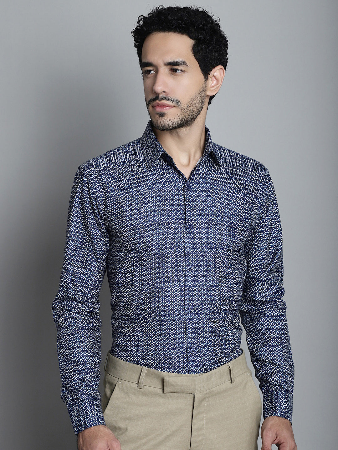 Jainish Men's Geomatric Printed Formal Shirts - Navy Blue