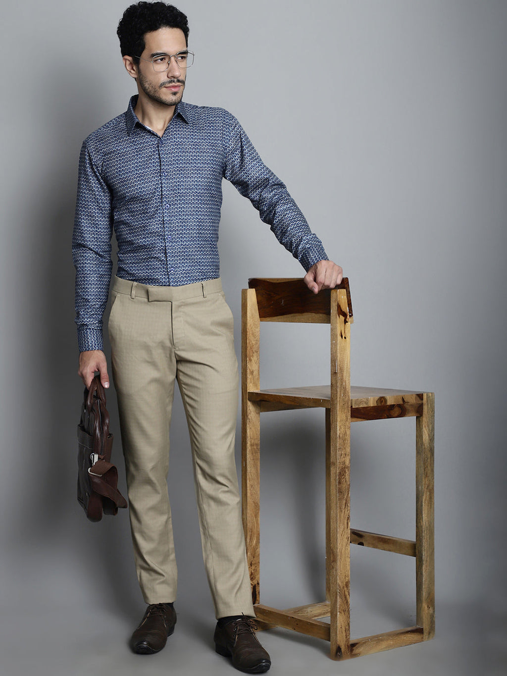 Jainish Men's Geomatric Printed Formal Shirts - Navy Blue