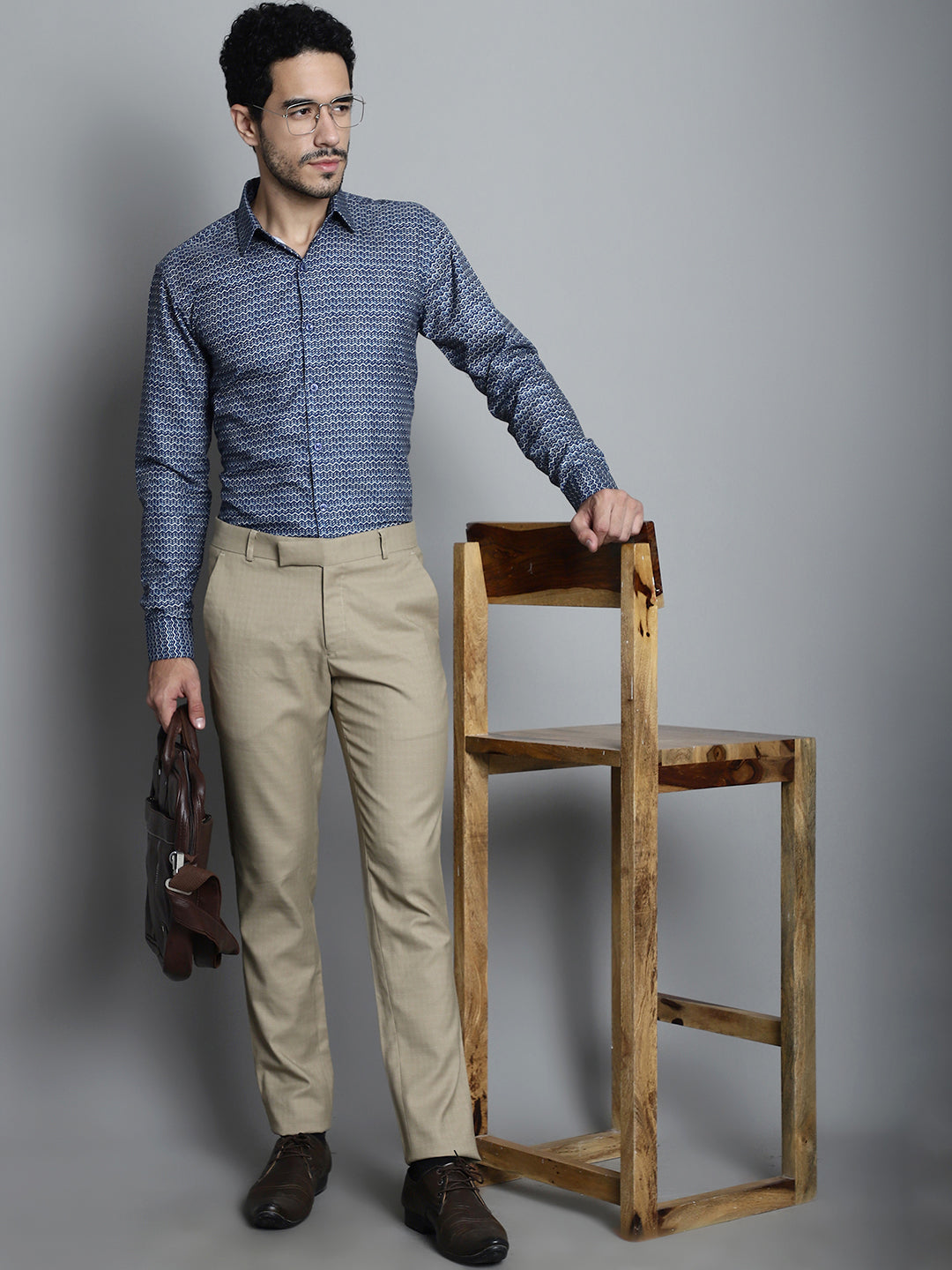 Jainish Men's Geomatric Printed Formal Shirts - Navy Blue