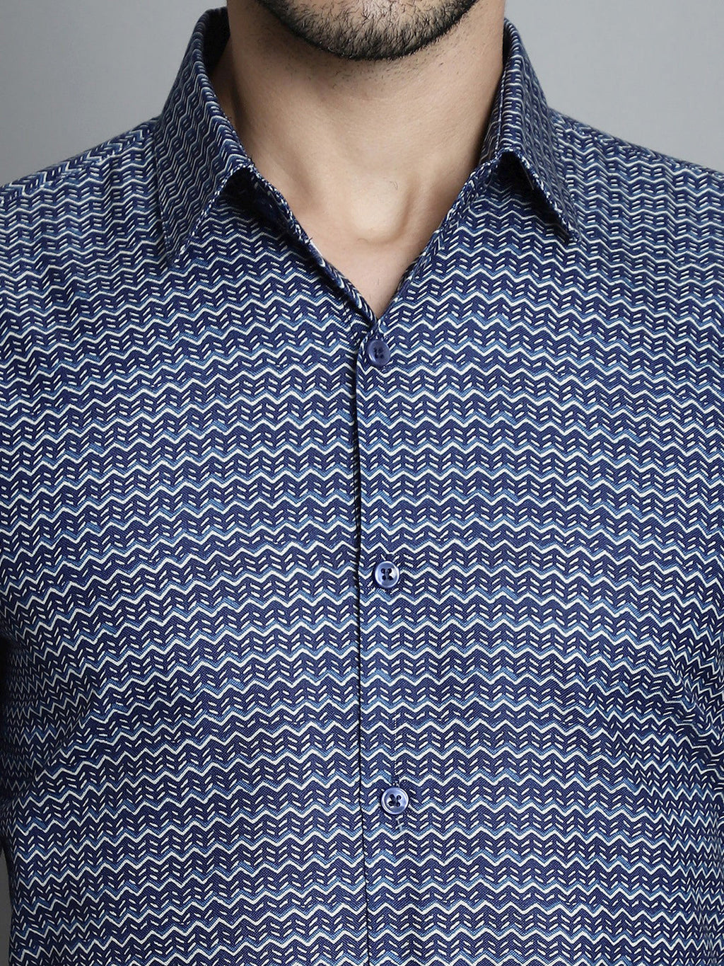 Jainish Men's Geomatric Printed Formal Shirts - Navy Blue