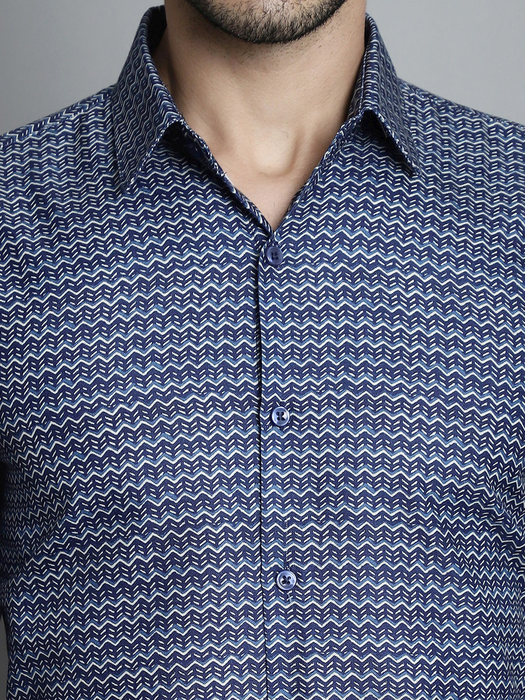Jainish Men's Geomatric Printed Formal Shirts - Navy Blue