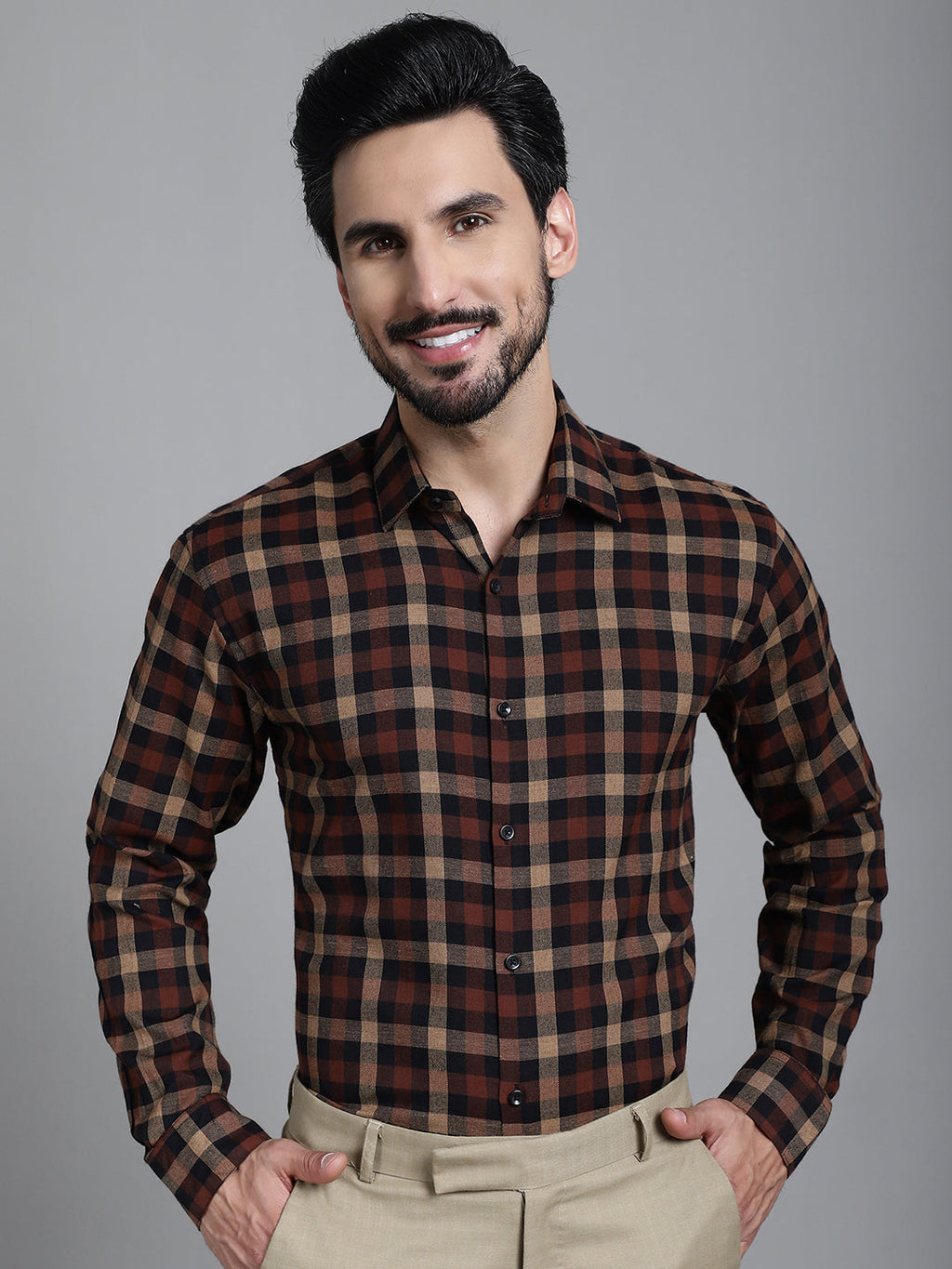 Indian Needle Men's Checked Formal Shirt - Brown