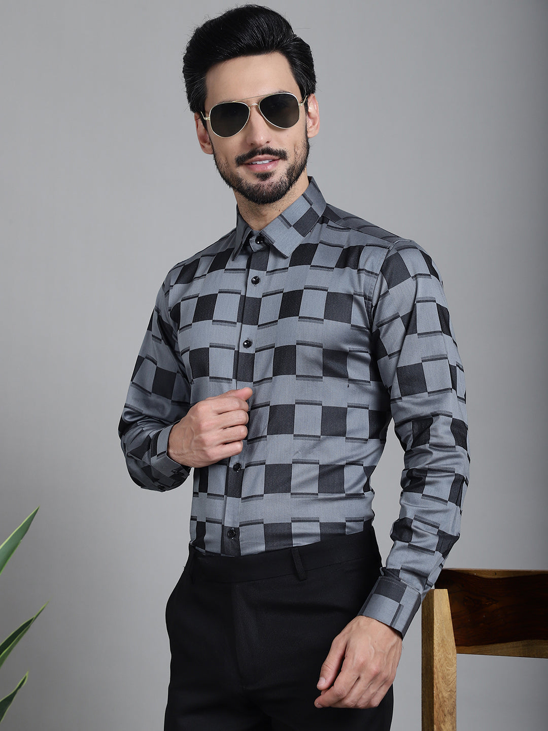 Indian Needle Men's Printed Formal Shirt - Grey