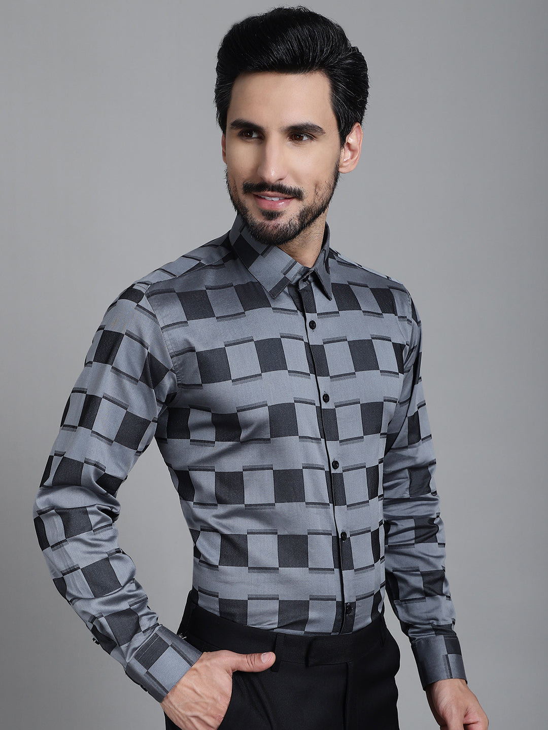 Indian Needle Men's Printed Formal Shirt - Grey