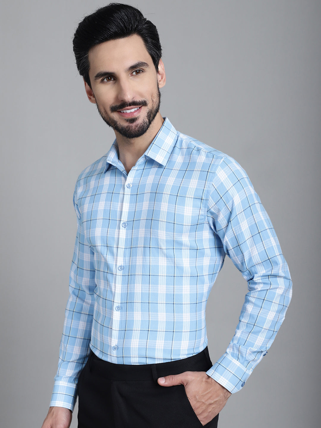 Indian Needle Men's Checked Formal Shirt - Sky Blue