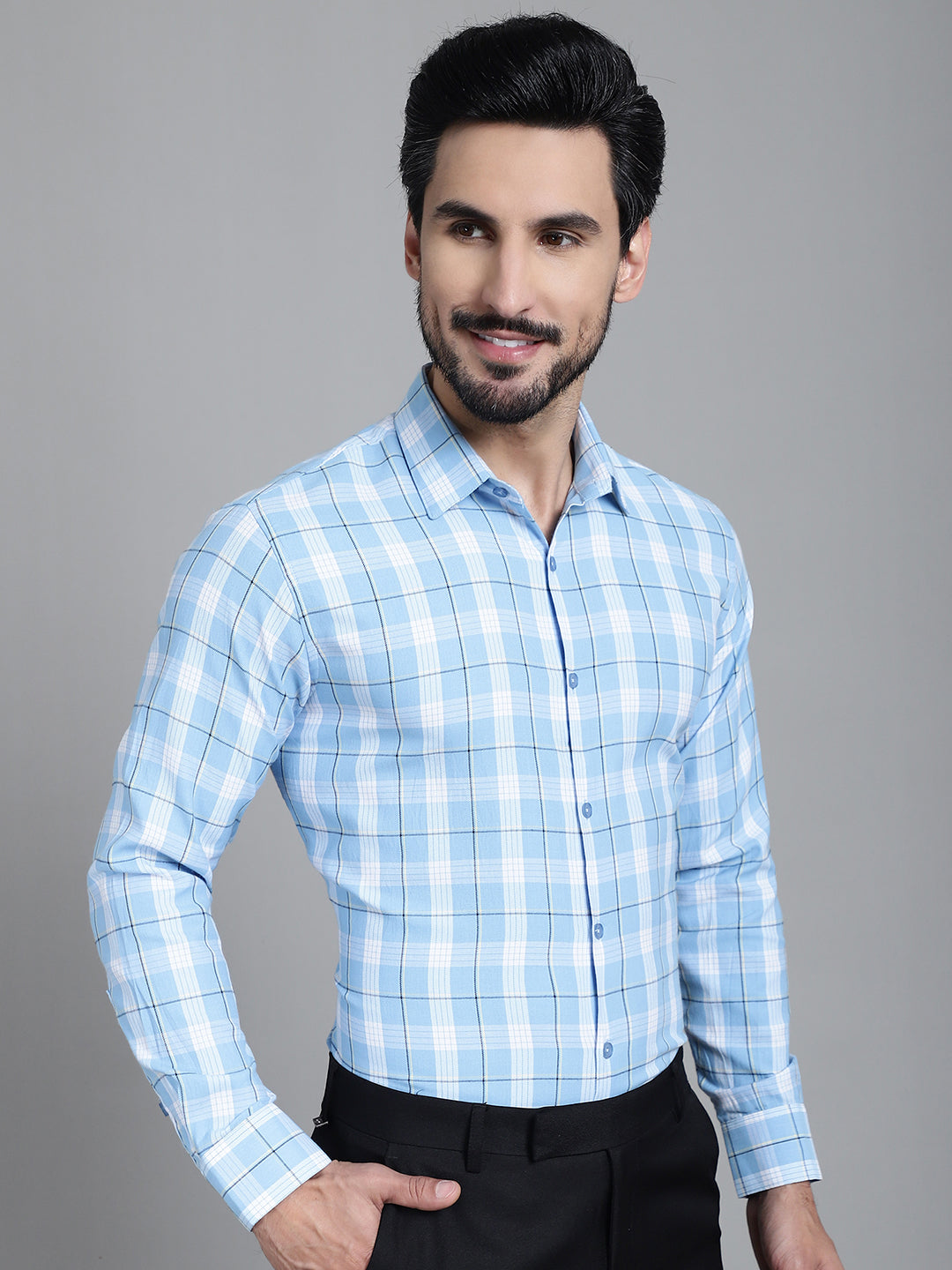 Indian Needle Men's Checked Formal Shirt - Sky Blue
