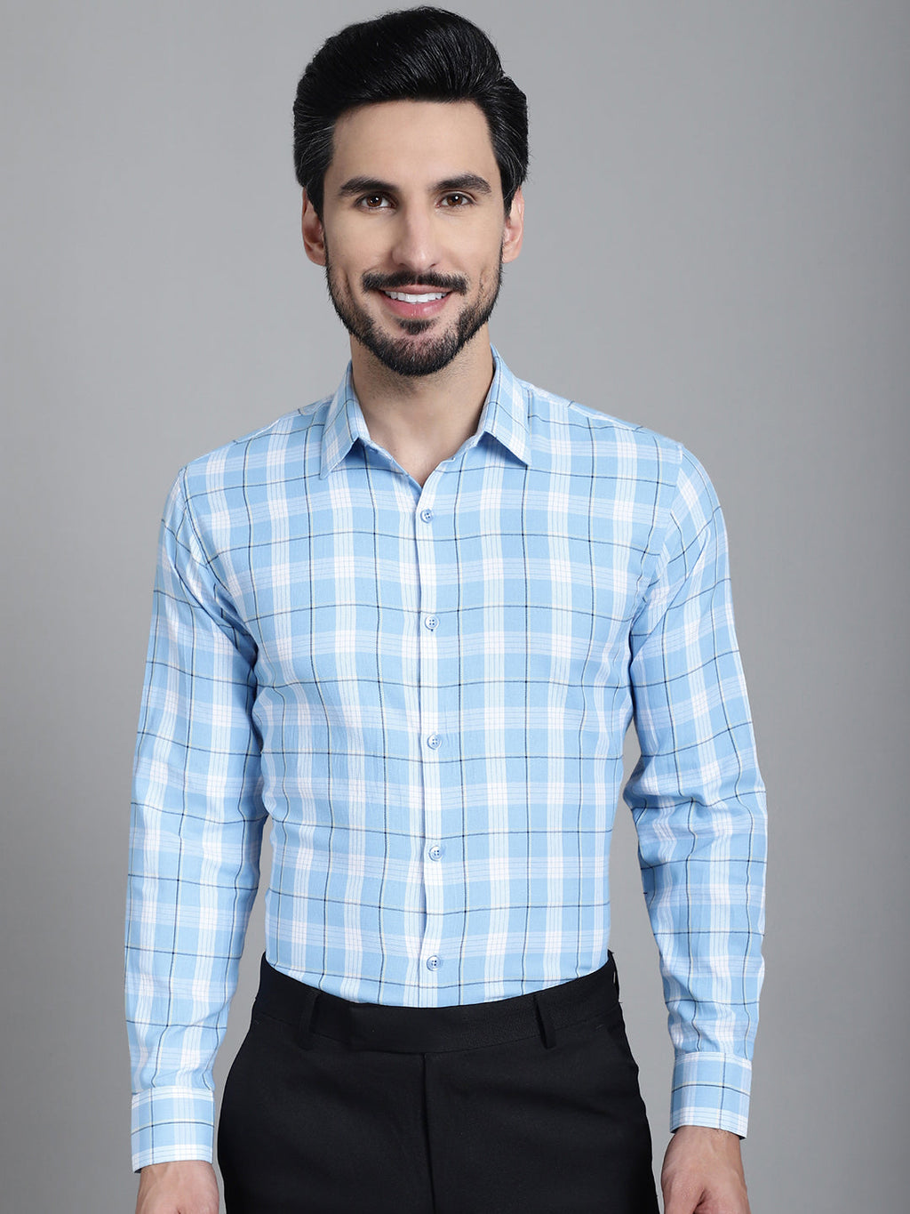 Indian Needle Men's Checked Formal Shirt - Sky Blue