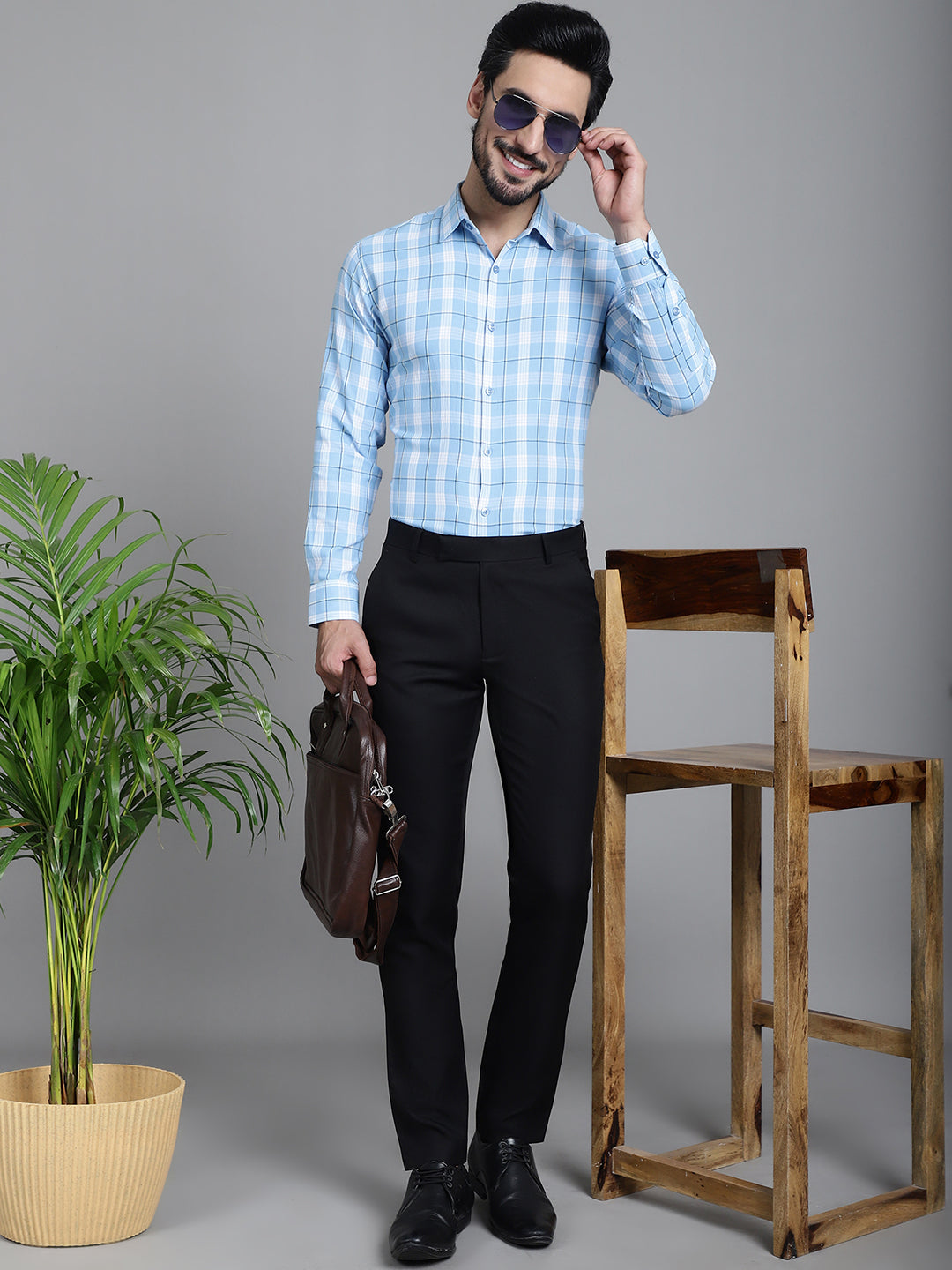Indian Needle Men's Checked Formal Shirt - Sky Blue