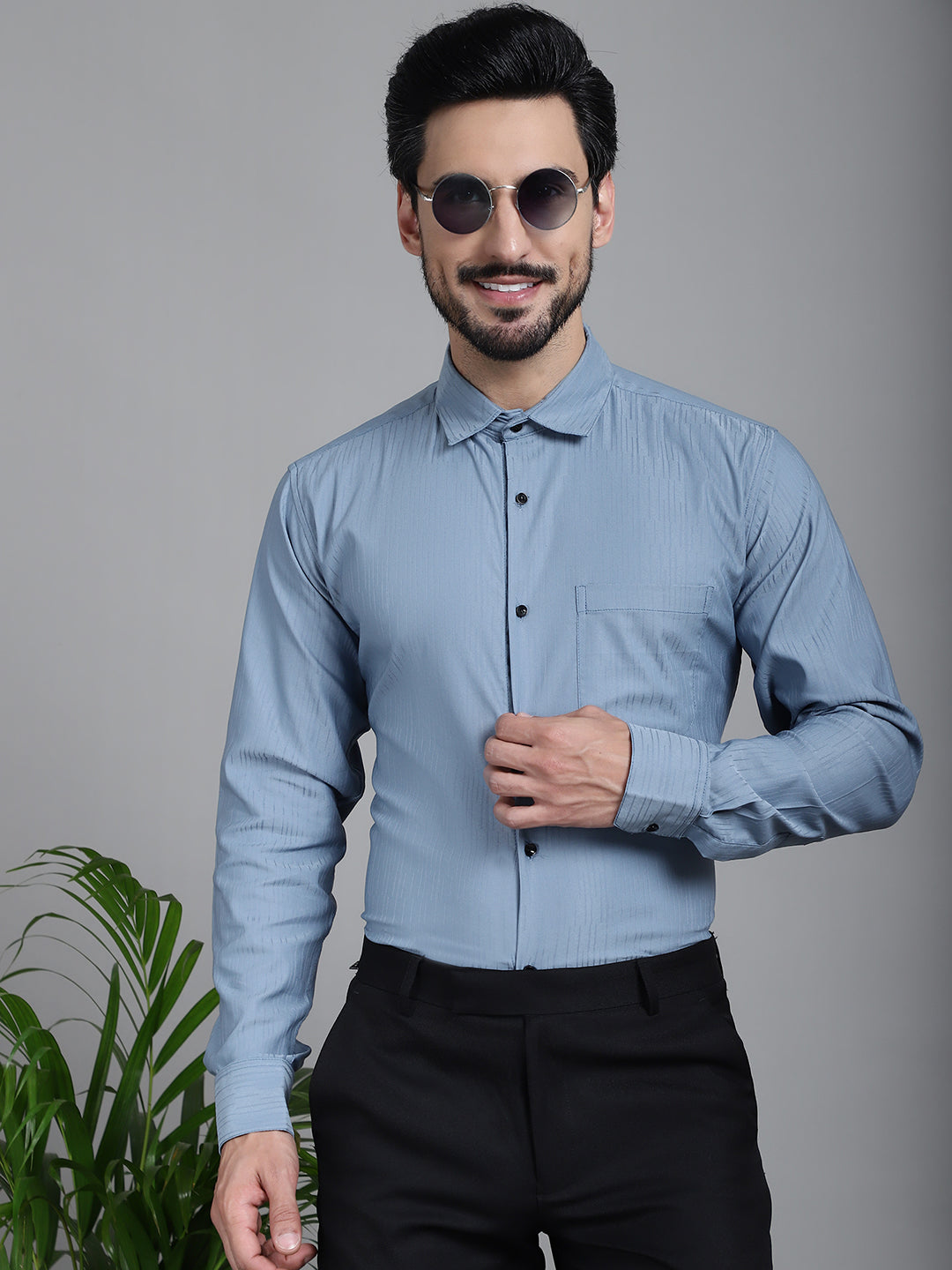 Indian Needle Men's Woven Design Formal Shirt - Grey
