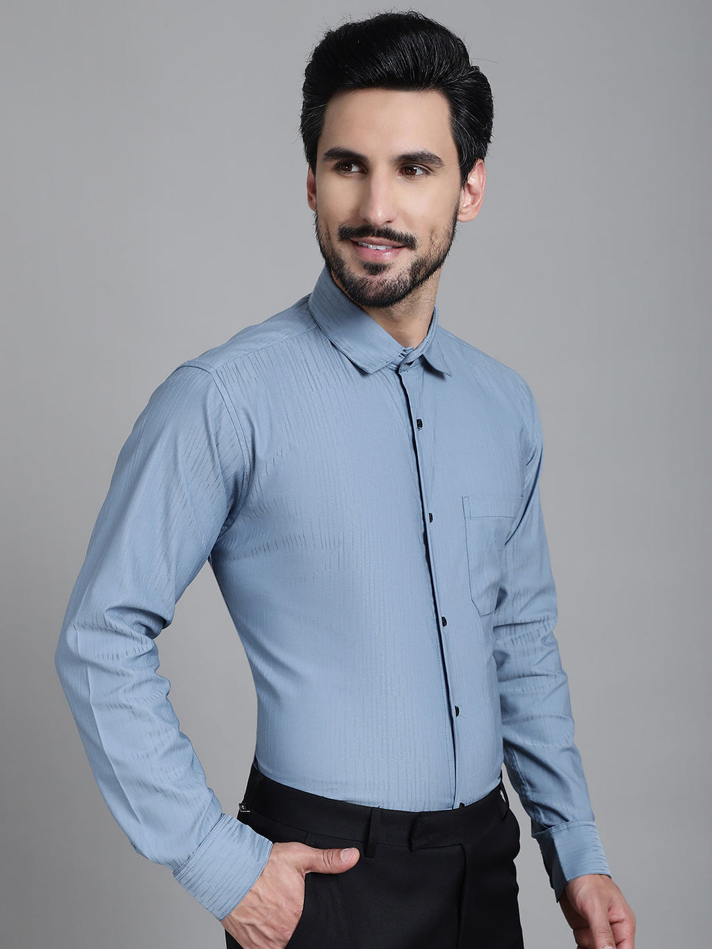 Indian Needle Men's Woven Design Formal Shirt - Grey