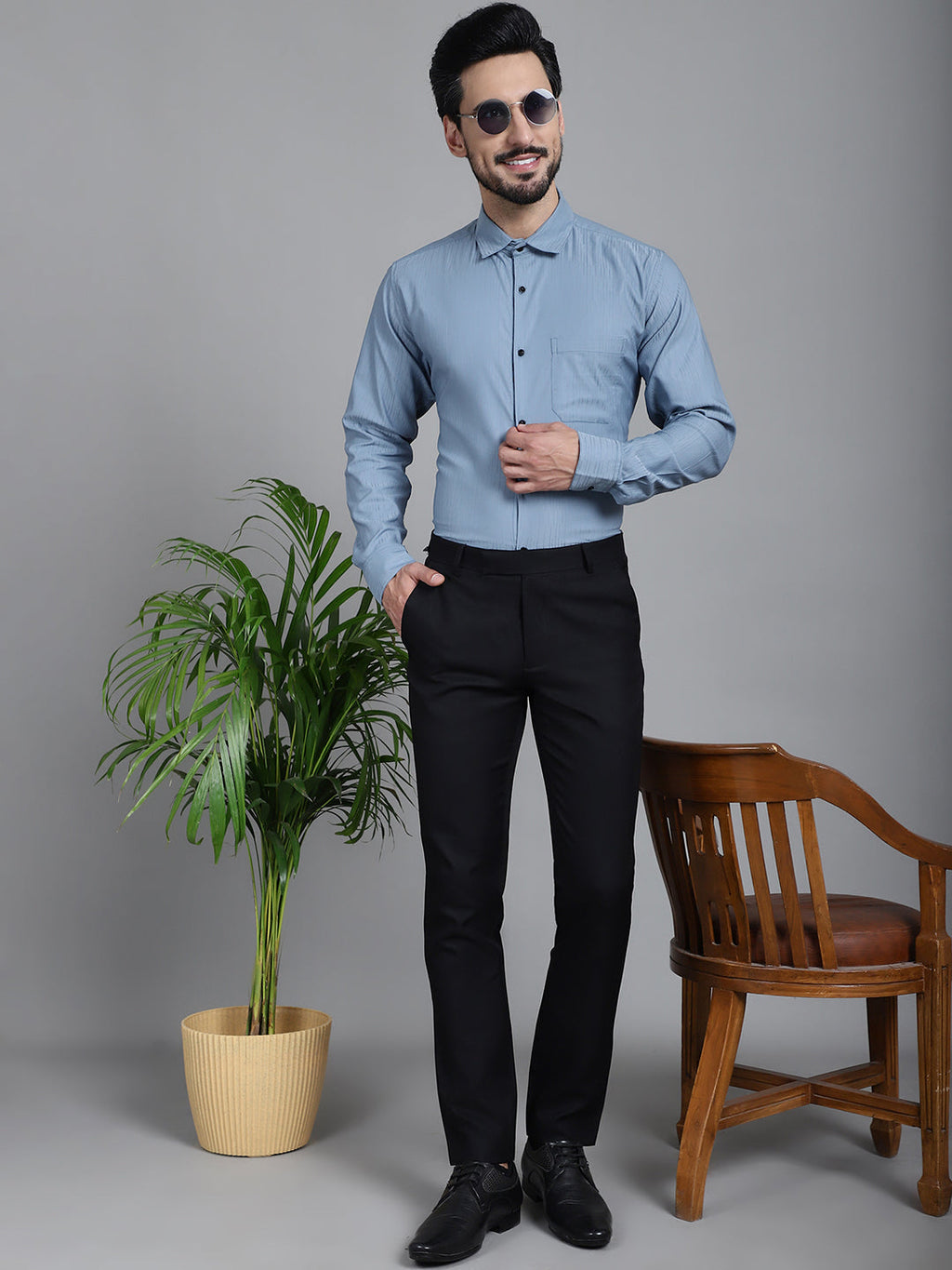 Indian Needle Men's Woven Design Formal Shirt - Grey