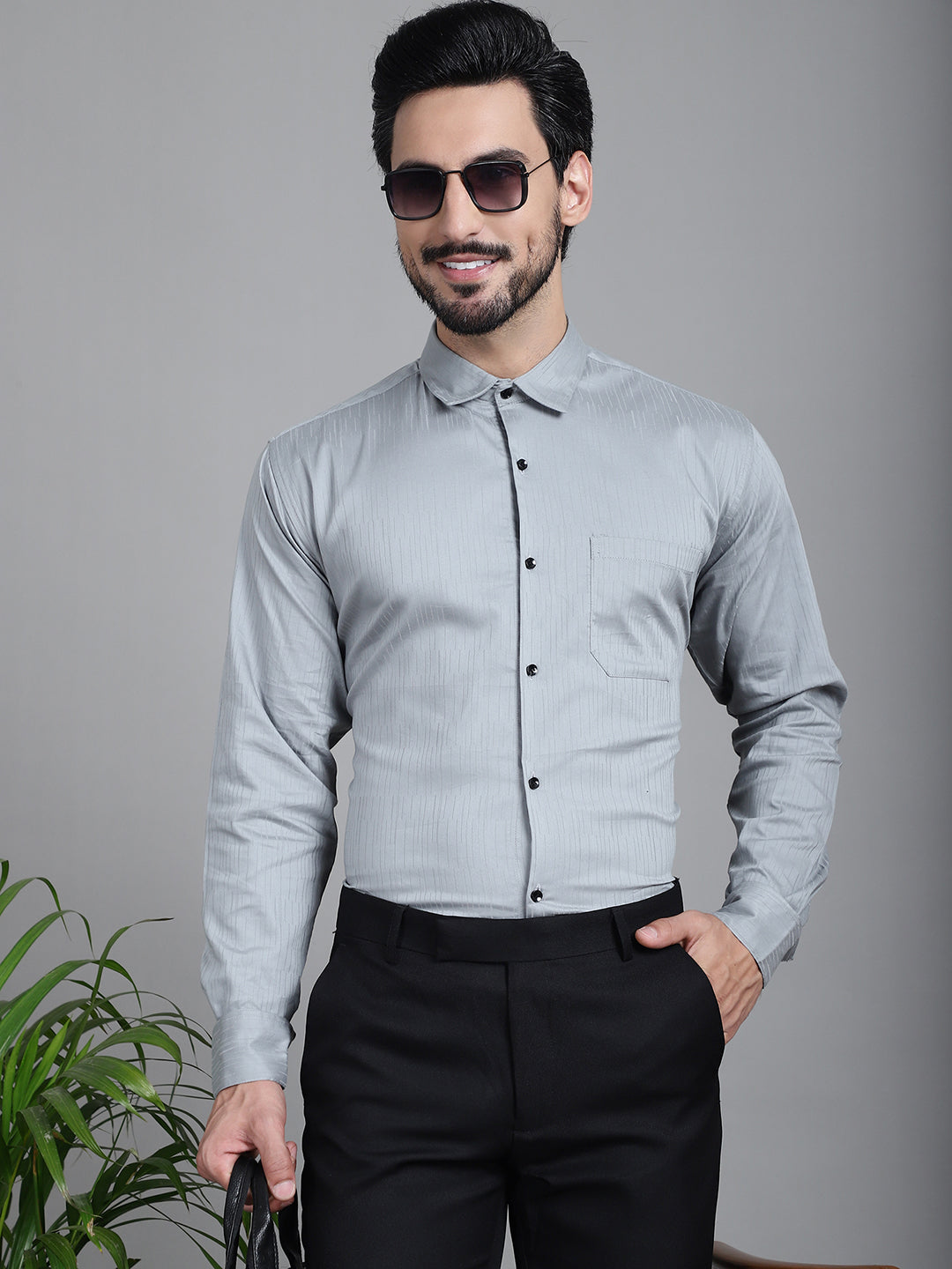 Indian Needle Men's Woven Design Formal Shirt - Steel-Grey