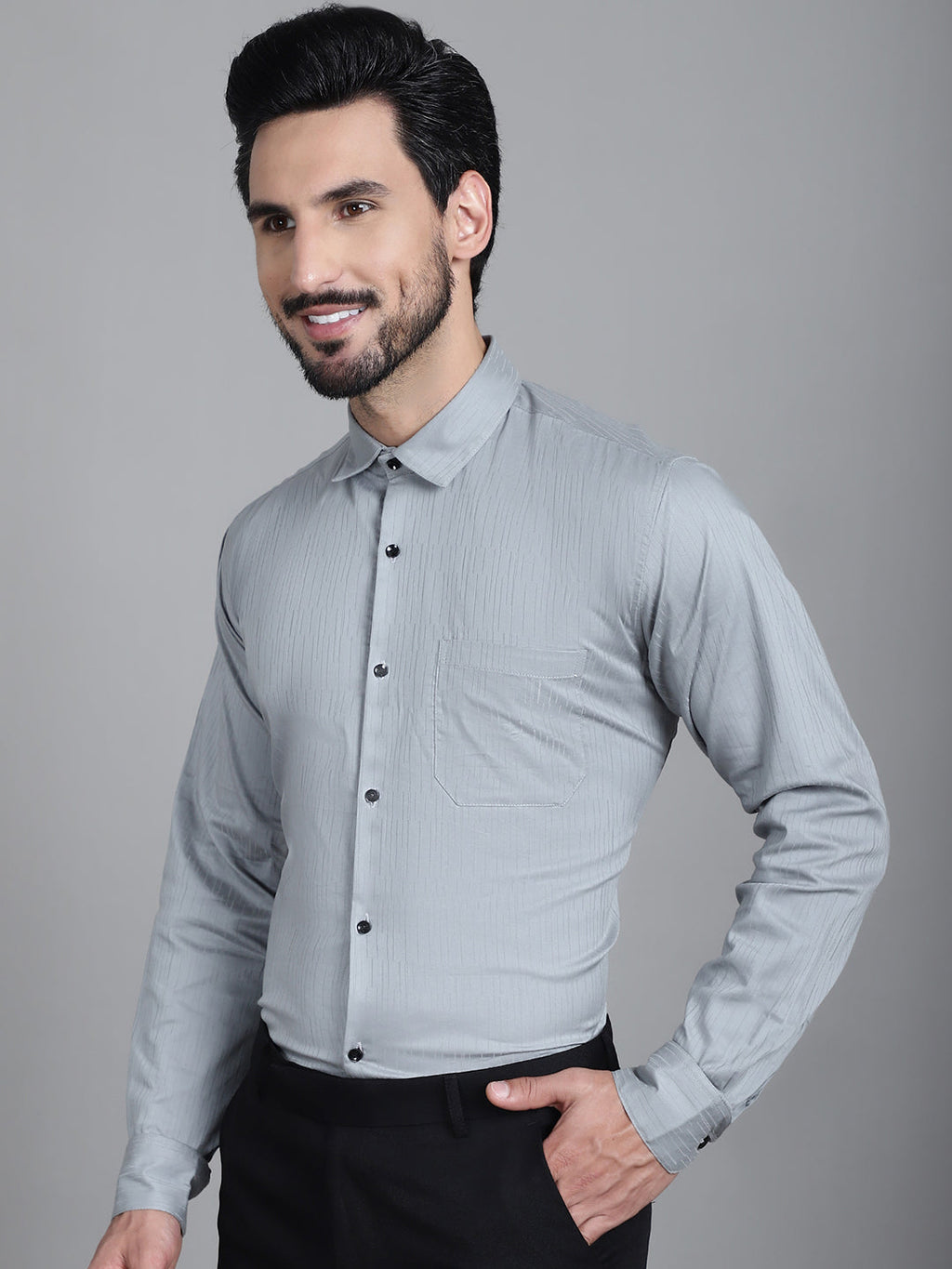 Indian Needle Men's Woven Design Formal Shirt - Steel-Grey