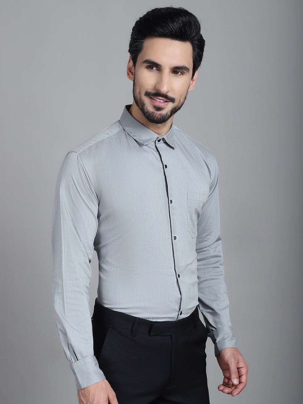 Indian Needle Men's Woven Design Formal Shirt - Steel-Grey