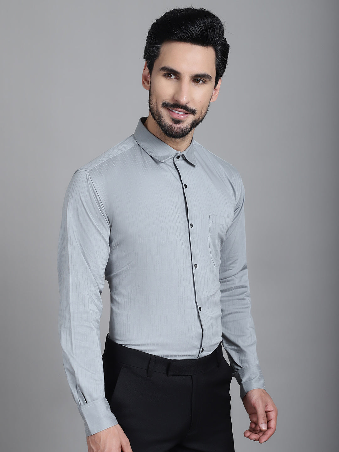 Indian Needle Men's Woven Design Formal Shirt - Steel-Grey