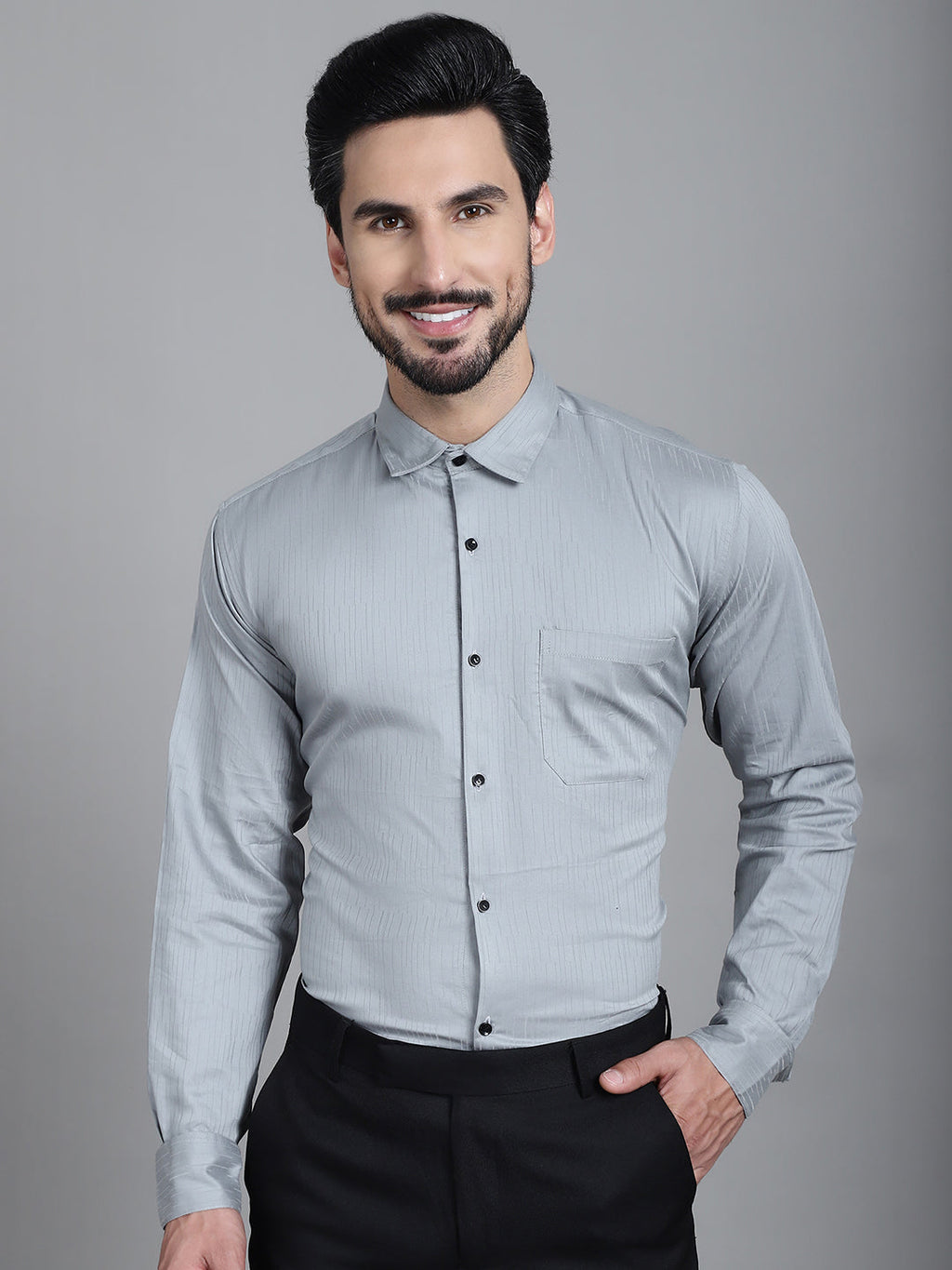 Indian Needle Men's Woven Design Formal Shirt - Steel-Grey