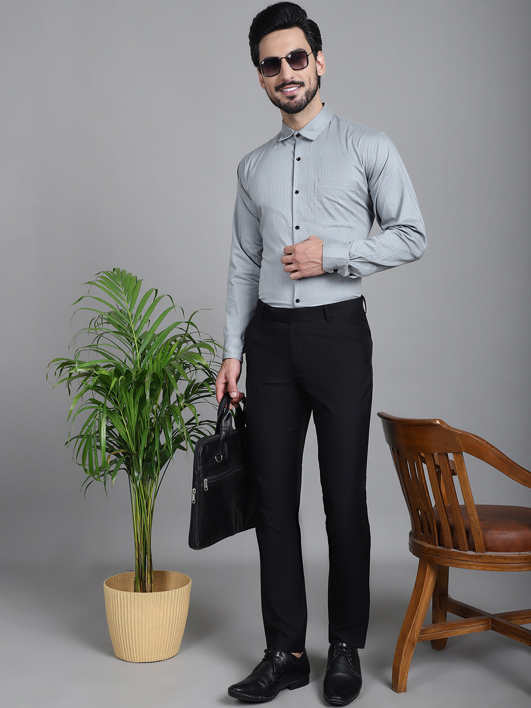 Indian Needle Men's Woven Design Formal Shirt - Steel-Grey