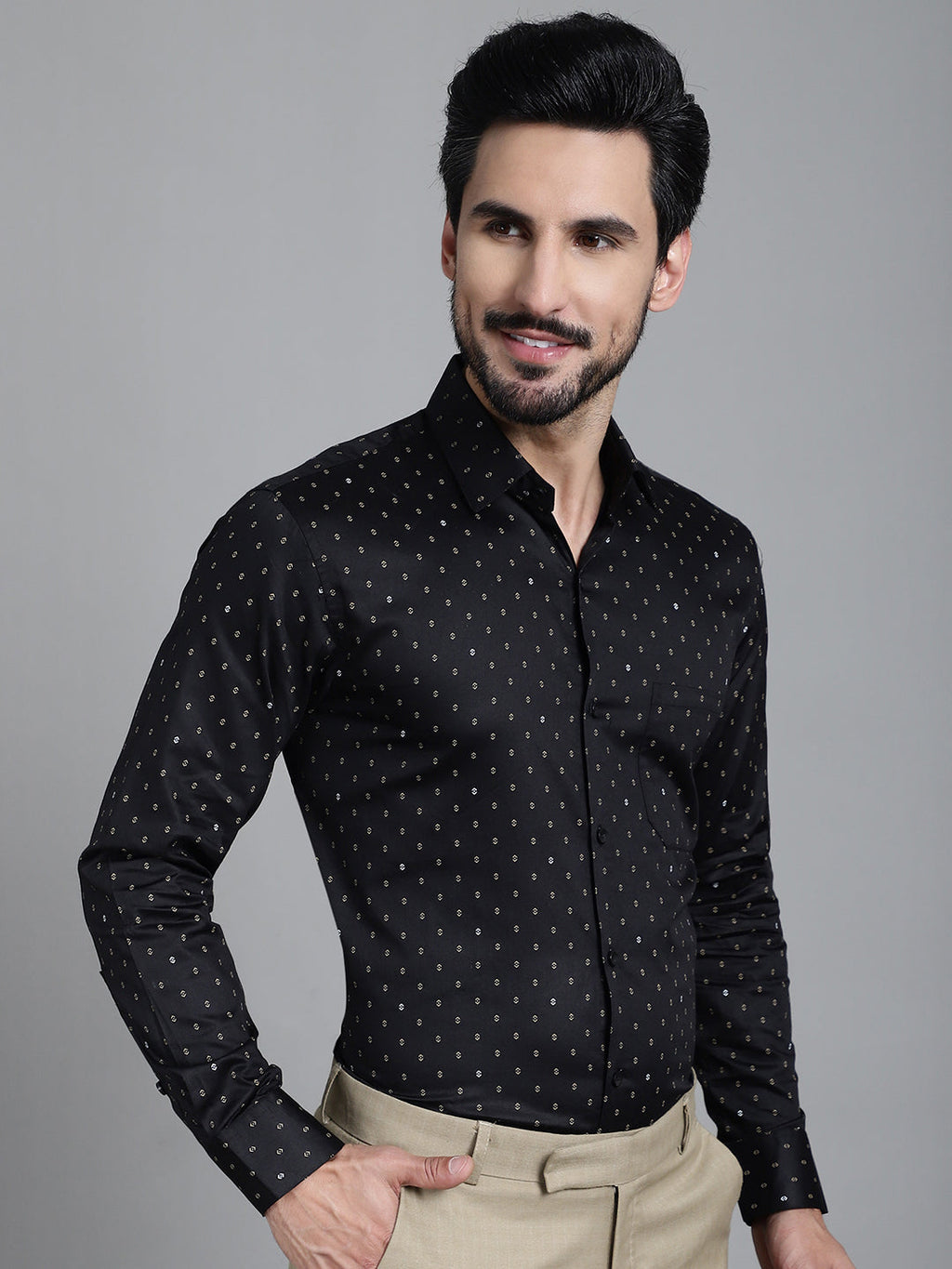 Indian Needle Men's Printed Formal Shirt - Black