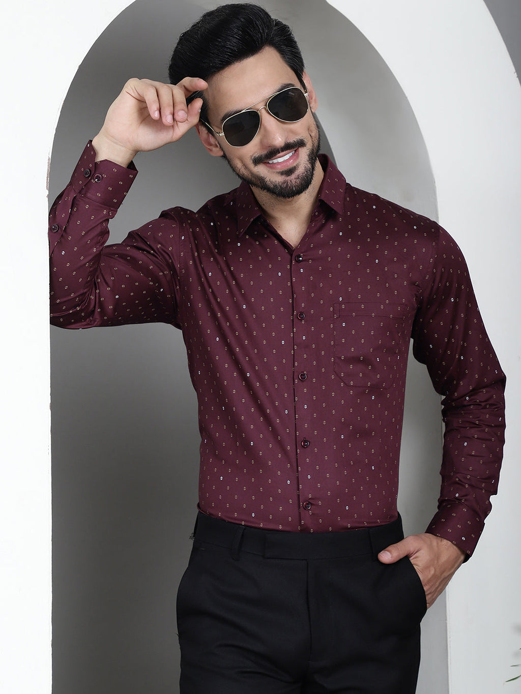 Indian Needle Men's Printed Formal Shirt - Maroon