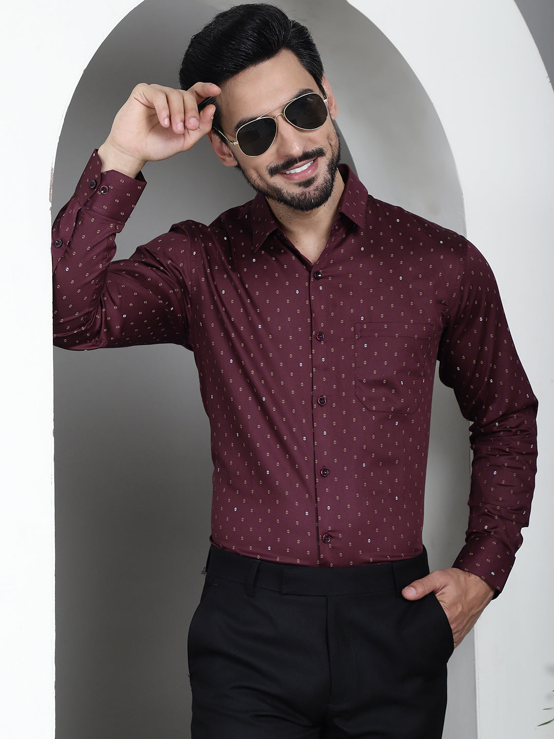 Indian Needle Men's Printed Formal Shirt - Maroon