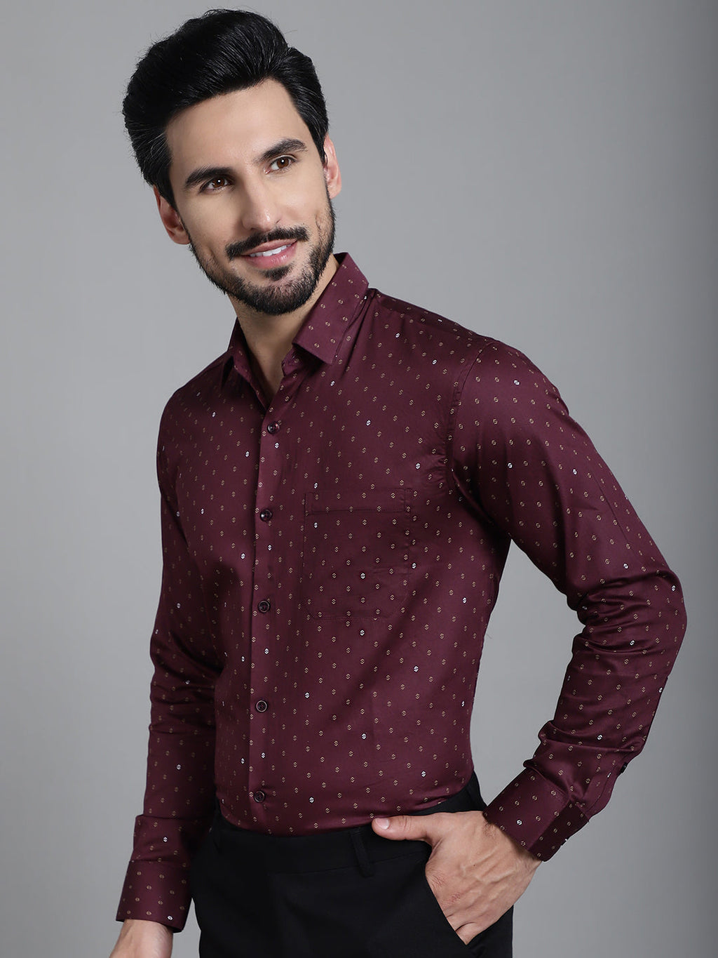 Indian Needle Men's Printed Formal Shirt - Maroon