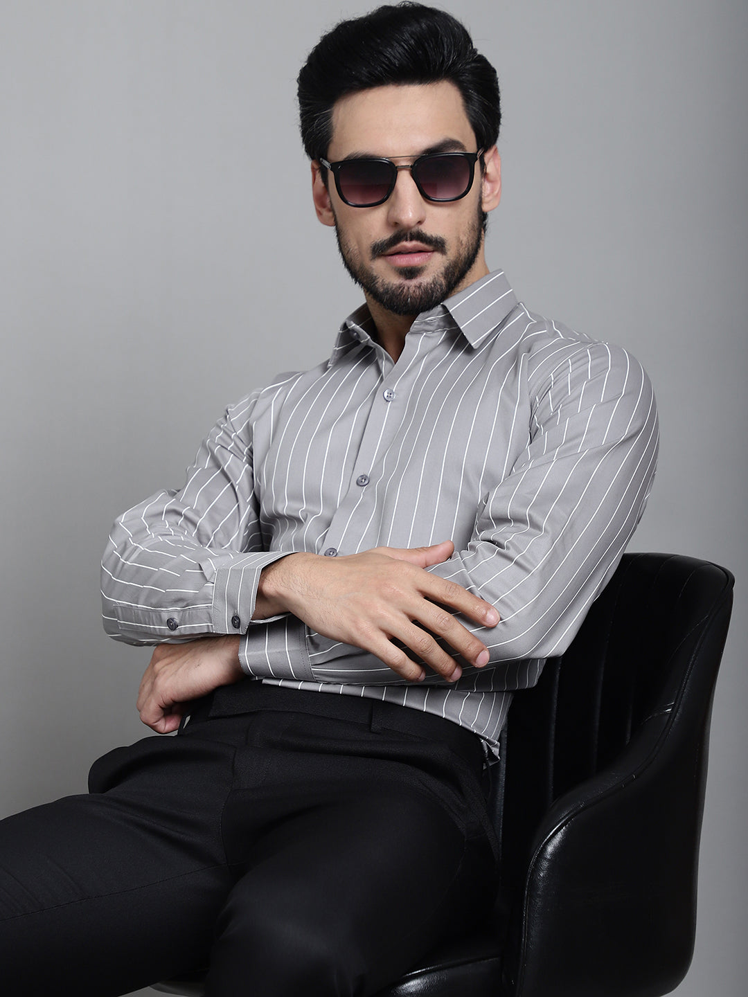 Indian Needle Men's Striped Formal Shirt - Grey