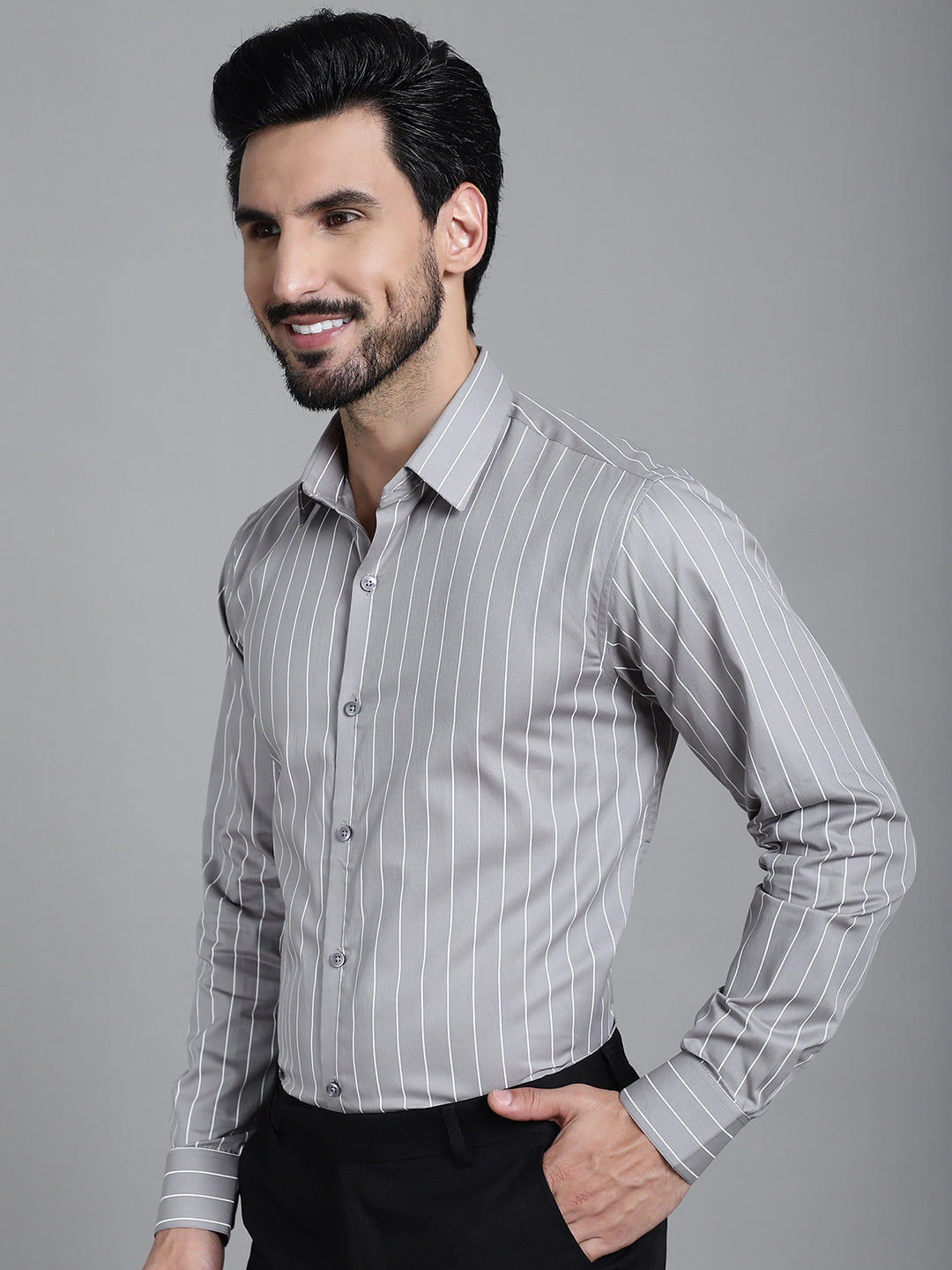 Indian Needle Men's Striped Formal Shirt - Grey