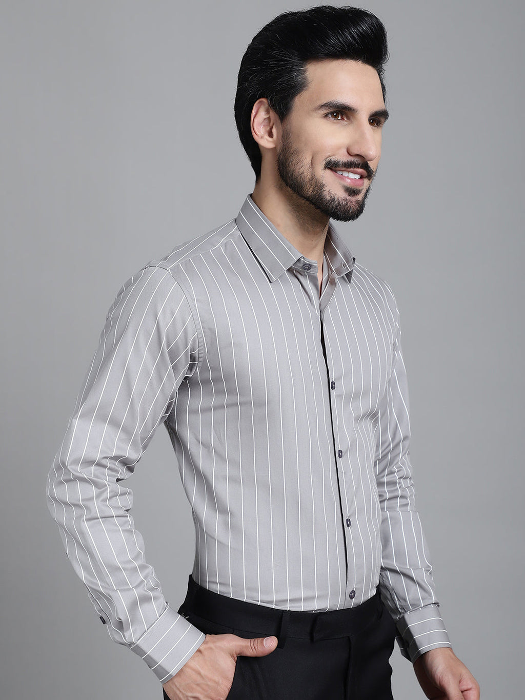 Indian Needle Men's Striped Formal Shirt - Grey