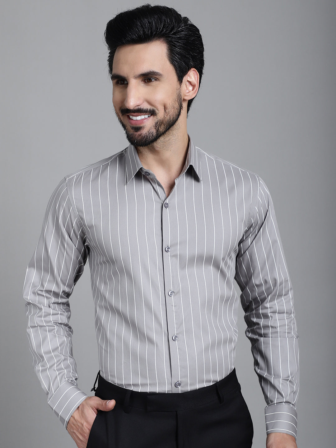 Indian Needle Men's Striped Formal Shirt - Grey
