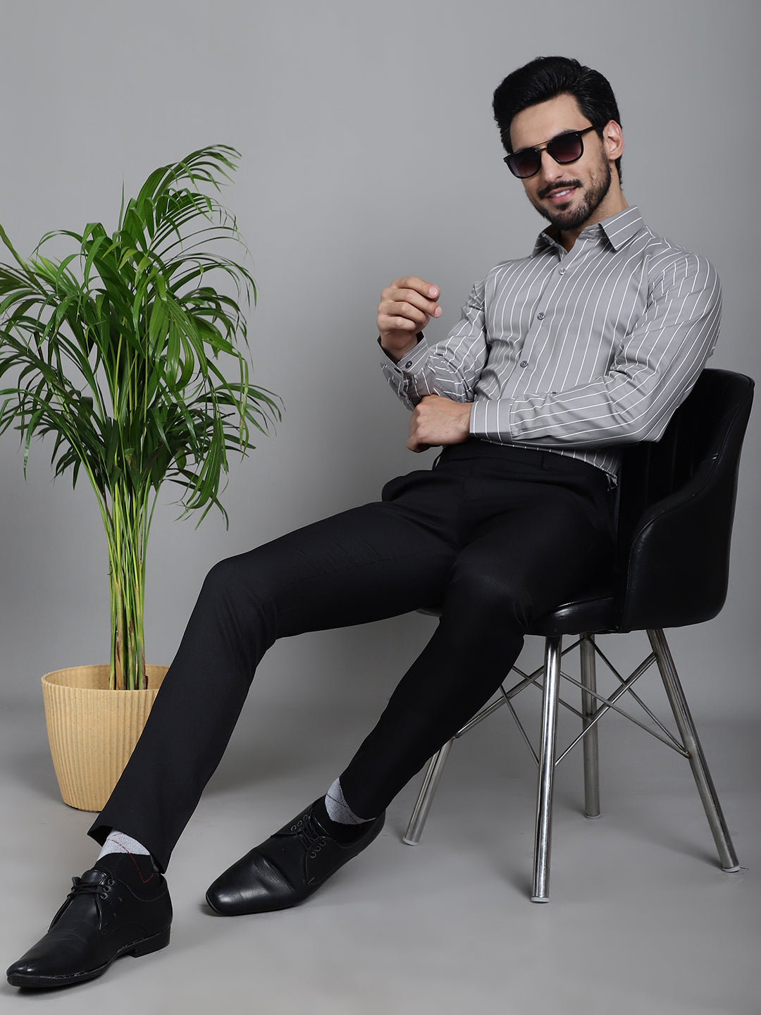 Indian Needle Men's Striped Formal Shirt - Grey