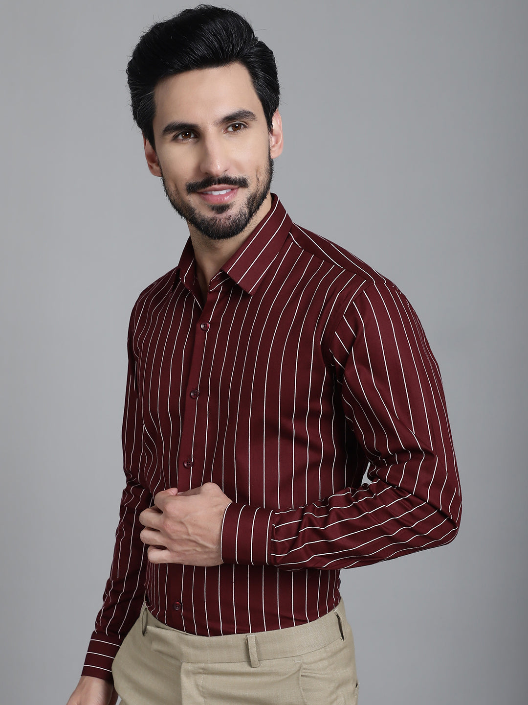 Indian Needle Men's Striped Formal Shirt - Maroon