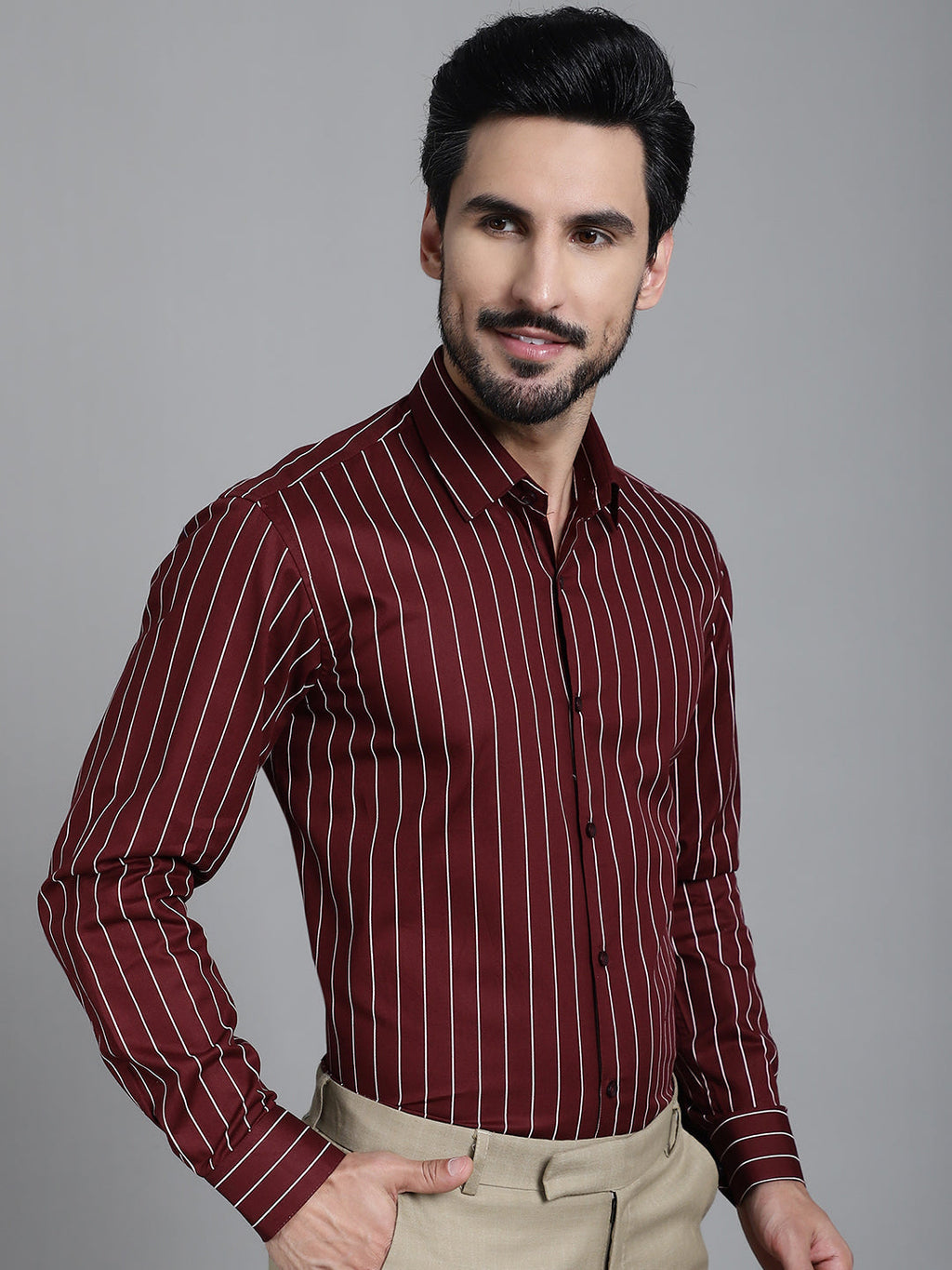 Indian Needle Men's Striped Formal Shirt - Maroon