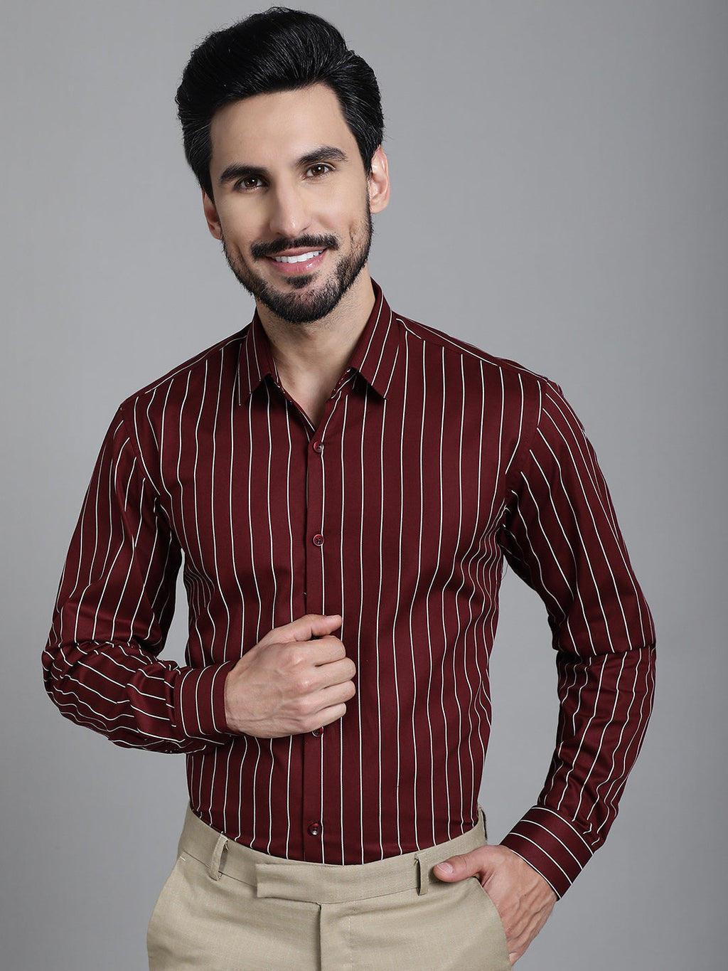 Indian Needle Men's Striped Formal Shirt - Maroon