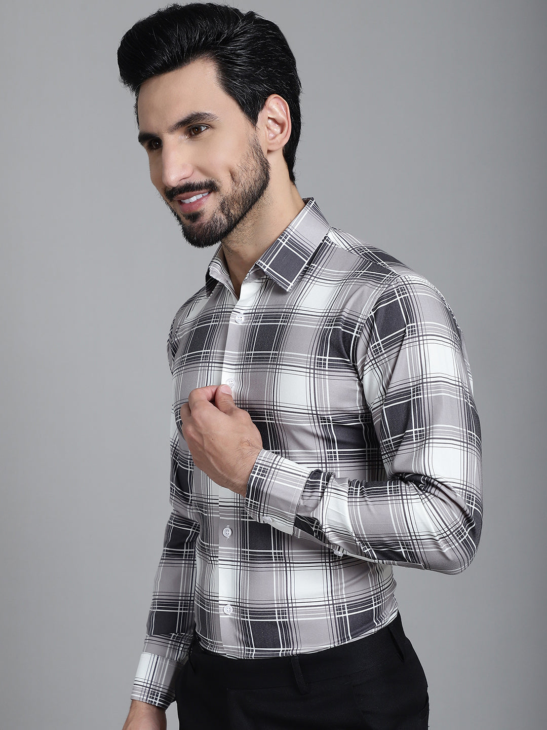Indian Needle Men's Checked Formal Shirt - Grey