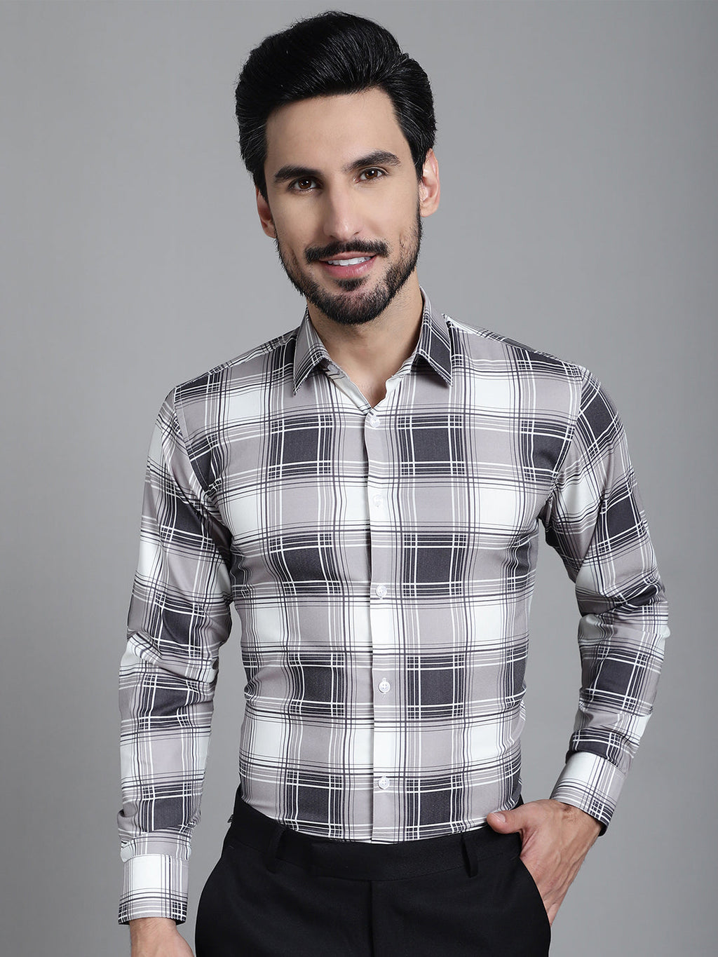 Indian Needle Men's Checked Formal Shirt - Grey