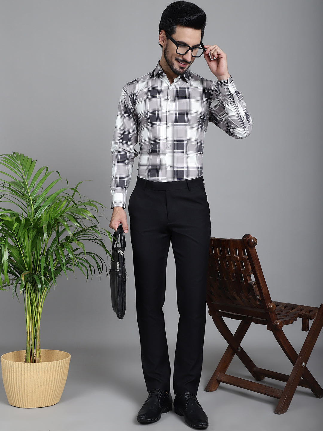 Indian Needle Men's Checked Formal Shirt - Grey