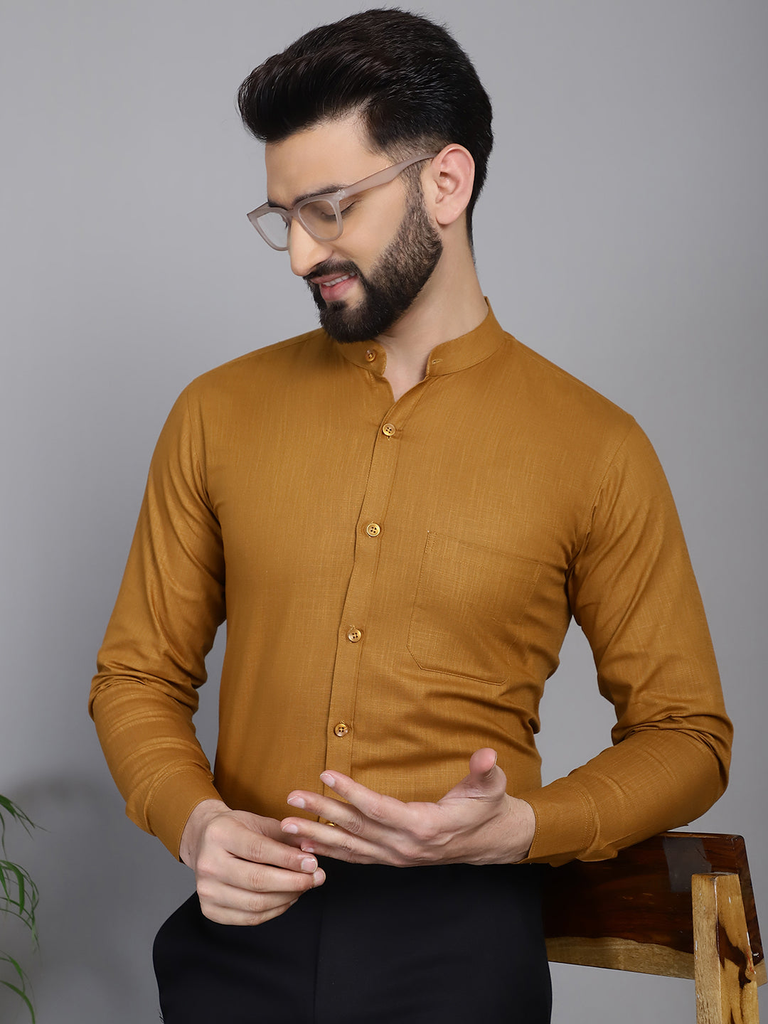 Indian Needle Men's Cotton Solid Formal Shirt - Mustard