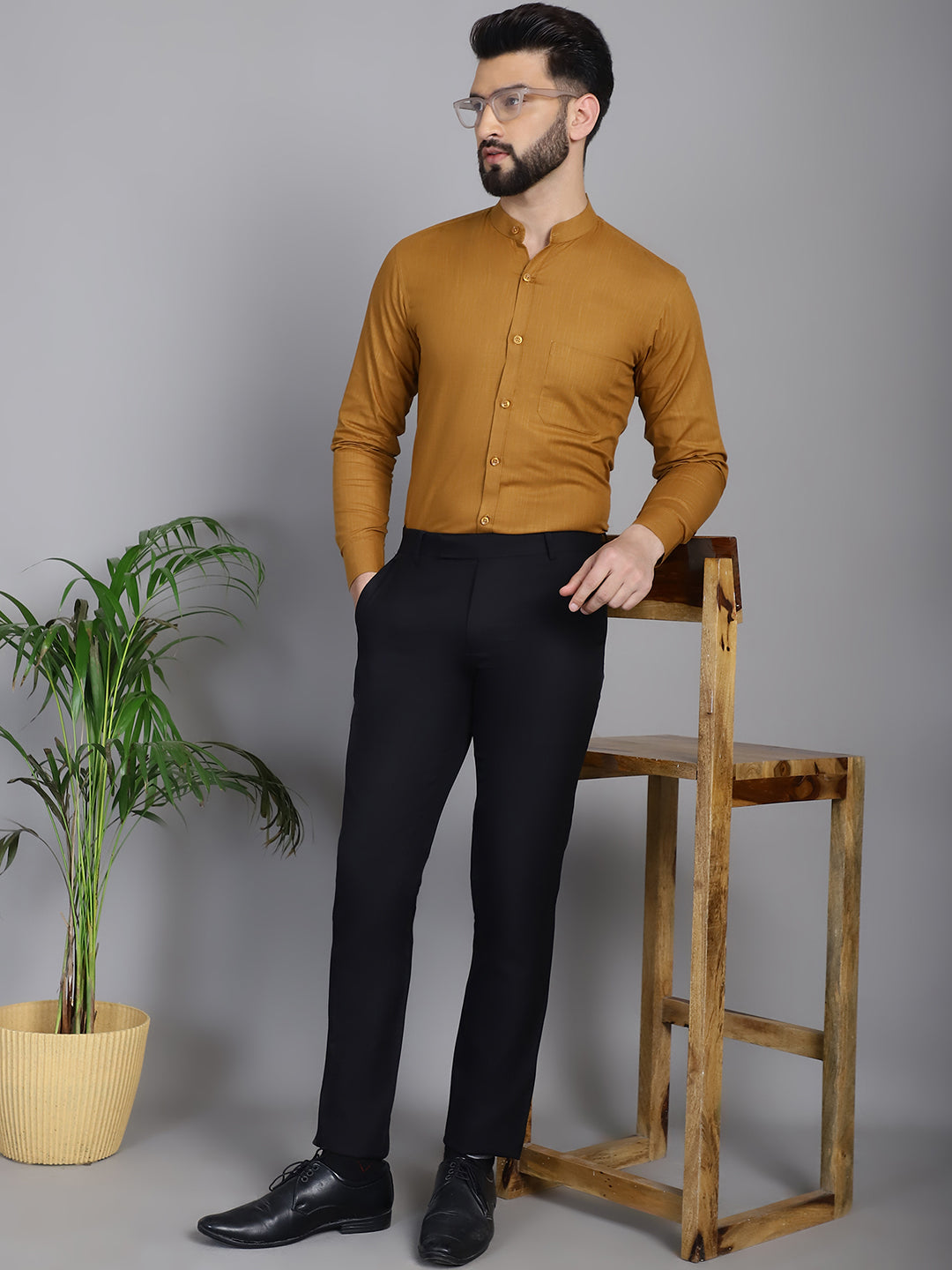 Indian Needle Men's Cotton Solid Formal Shirt - Mustard