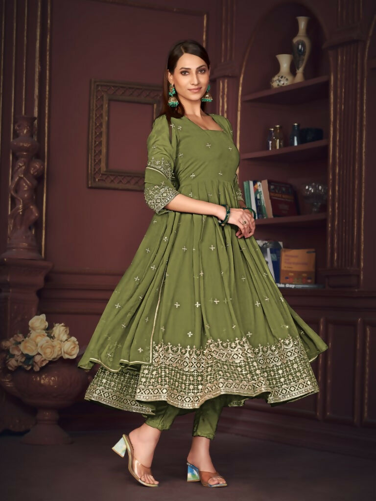 Jyoti Fashion Women's Olive Green Georgette Embroidered Anarkali Kurta Pant Set With Dupatta