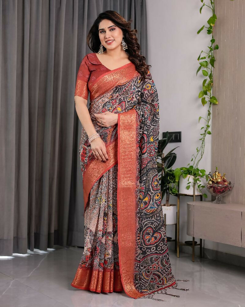PR Fashion Black Pure Handloom Linen Saree
