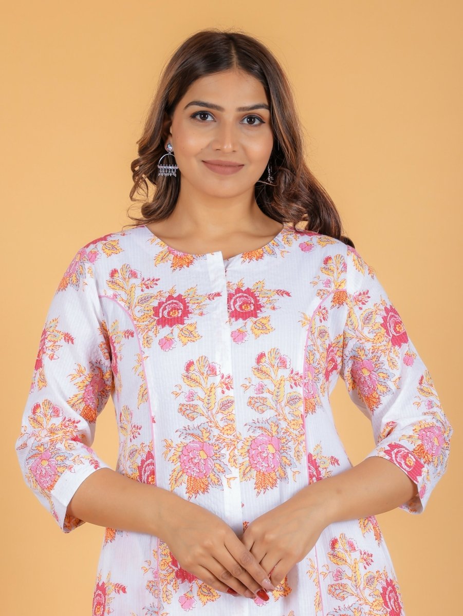 Aramya A-line Kantha Cotton Floral Print Women's Kurta - White