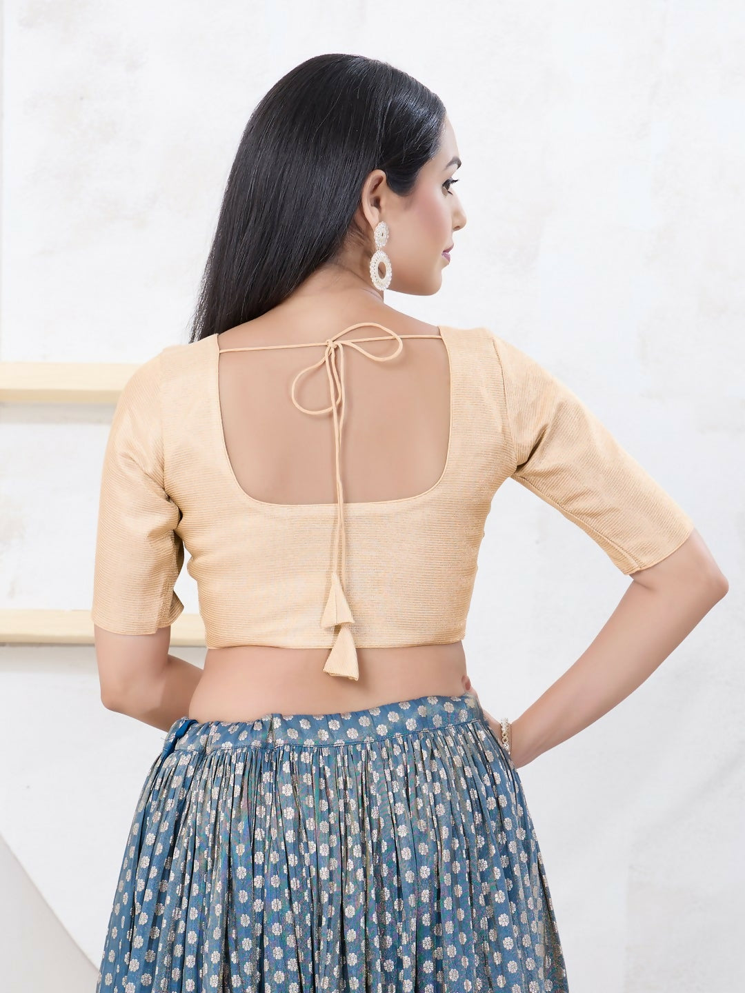 Joban Fashion Light-Gold Tissue Elbow Sleeveless Front Open Blouse