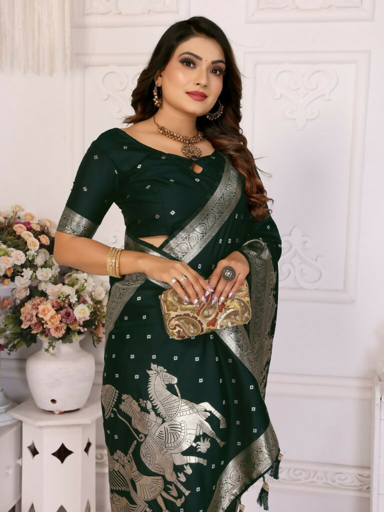 Anaita Dark Green kochi Silk With Bandhej Weaving Saree With Blouse