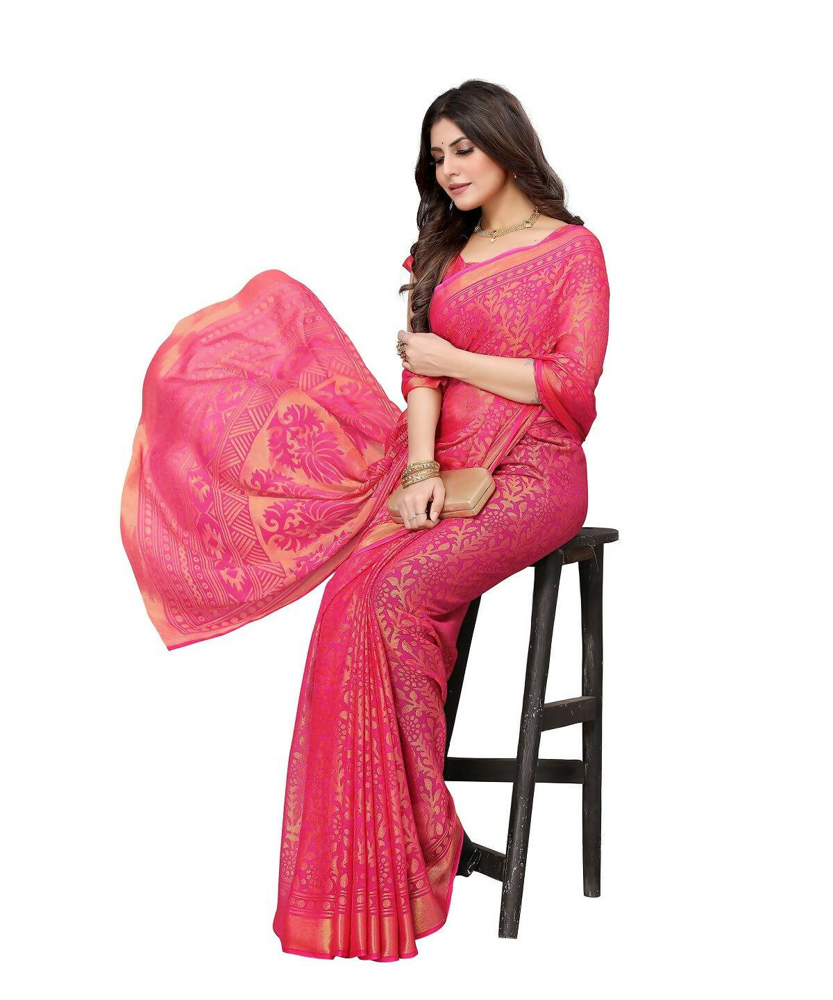 Vamika Pink Chiffon Brasso Bollywood Style Woven Saree (AARADHYA PINK)