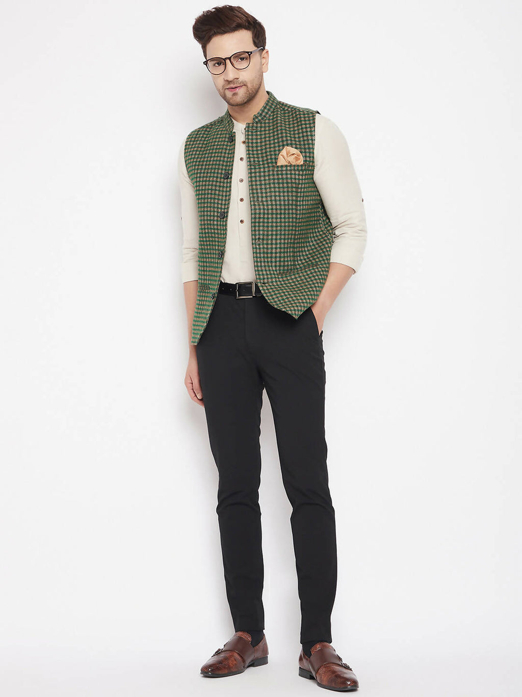 Even Apparels Green Wool Men Woven Nehru Jacket