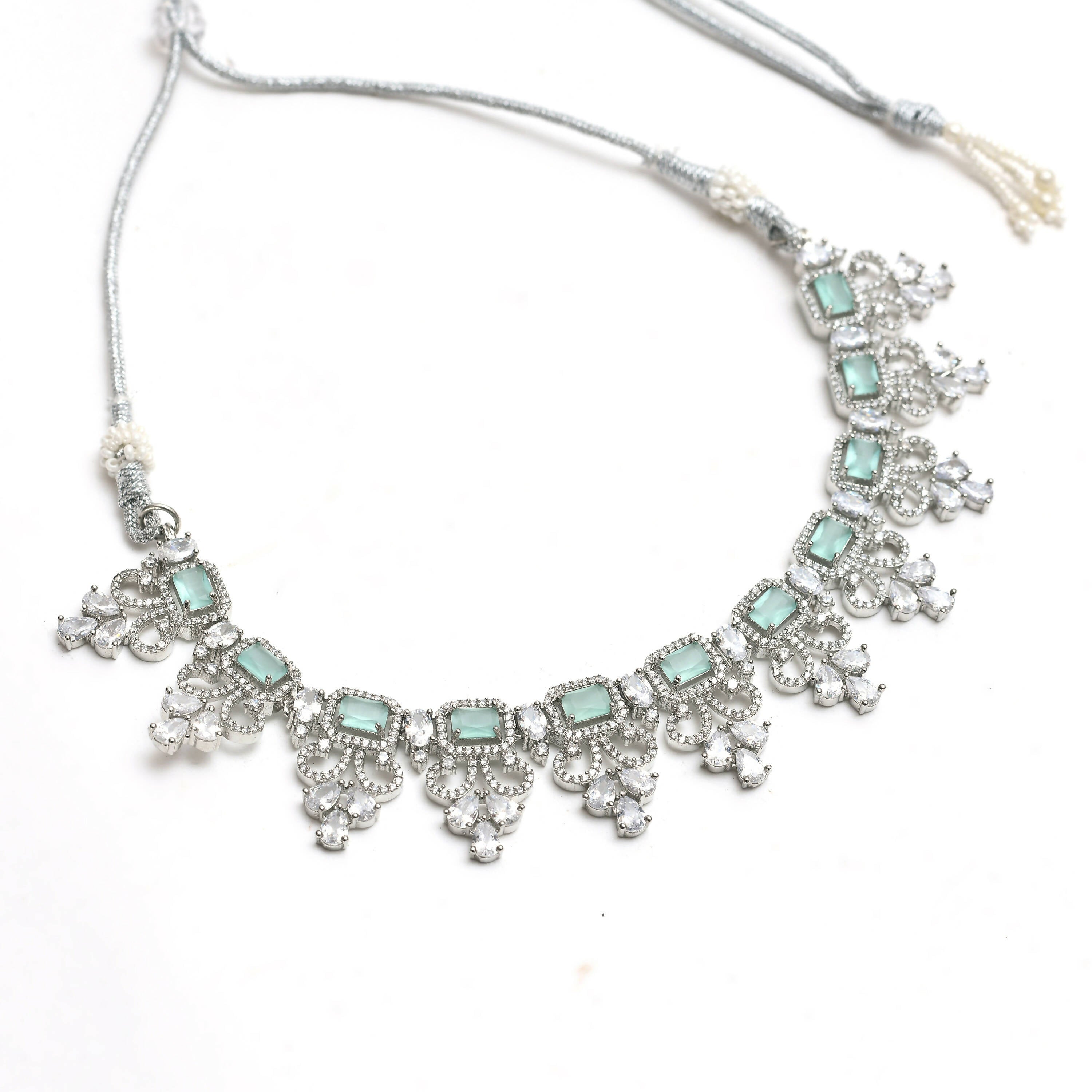 Mominos Fashion Johar Kamal Silver-Plated American Diamond Pista Green Choker Set