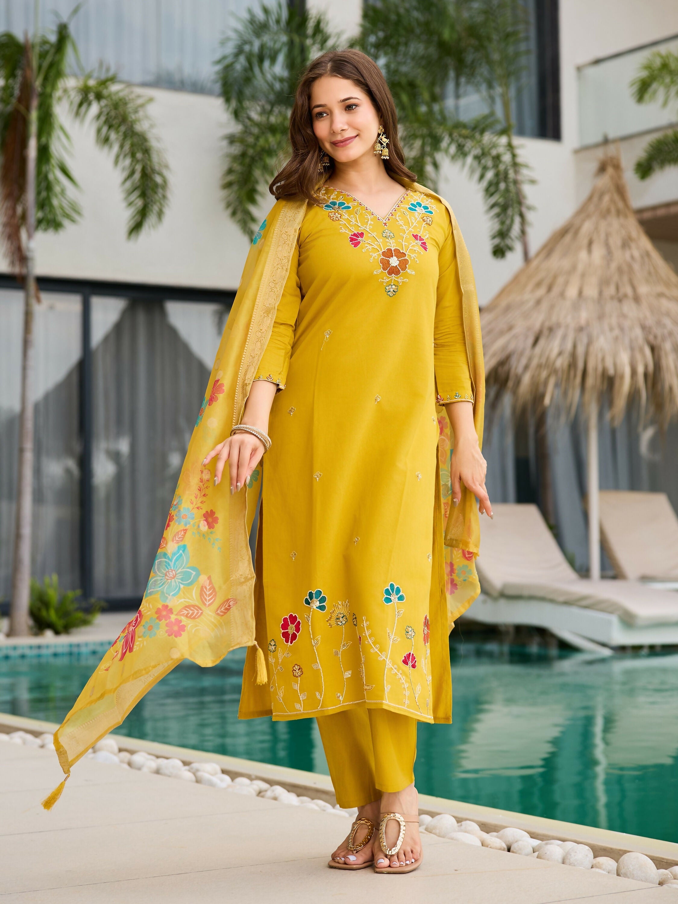 The52 Yellow Women's Gorgeous Embroidered work Viscose Gadhwal Fabric Straight Kurta, Pant and Dupatta Set