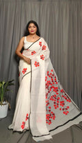 Exclusive Collection Beautiful White Red Pure Cotton Hand Print Handloom Saree With Running Blouse Piece
