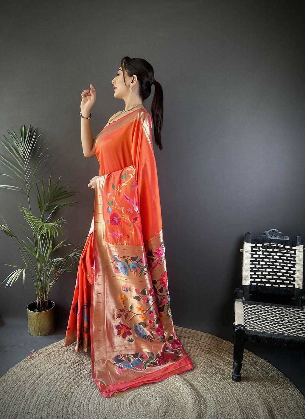 Joban Fashion Orange Floral Paithani Sarees
