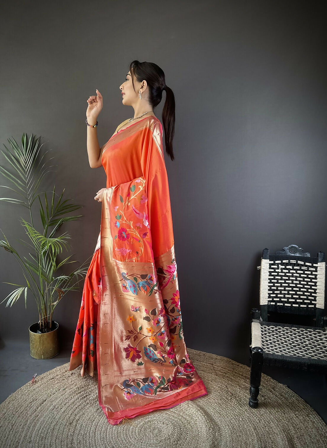 Joban Fashion Orange Floral Paithani Sarees